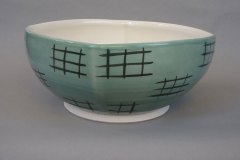 Square serving bowl: thrown then altered porcelain, celadon glaze with woven brushed slip pattern, cone 6 oxidation.