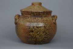 Ash spot bean pot: textured exterior with salt/ash native glaze from wood firing.