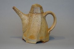 Coffee style teapot: salt/ash over tile 6 slip, shino interior, wood fired