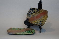 Small serving trays: layered glazes on oxidation fired stoneware.